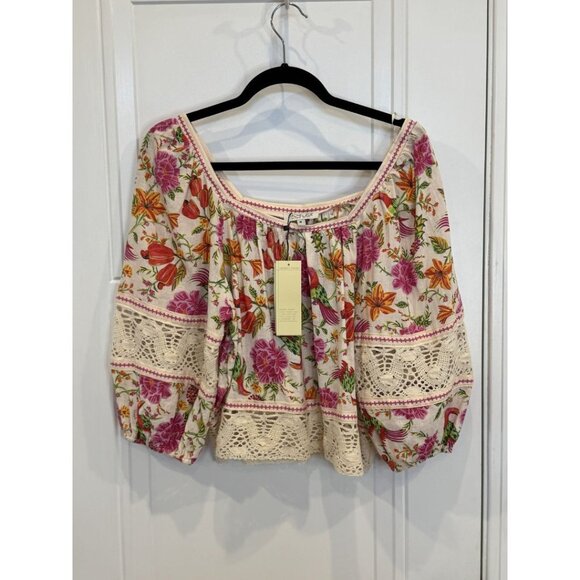 Rachel Zoe Tops - NWT Rachel Zoe Ivory Linen Blend Floral Bird Peasant Top Boho Crochet Sleeves